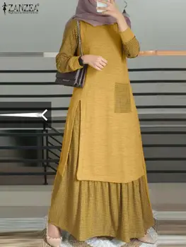 ZANZEA Tavaszi Femme Régi Muszlim Vestidos Divat Rács Patchwork Ruha, Hosszú Ujjú O Nyakú Ruha Fél Dubai Törökország Köntös